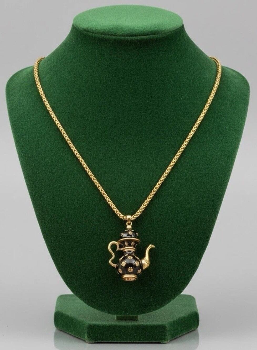 Museum Teapot Flower Necklace Antique Gold VTG Black Chain Retro Statement Boho